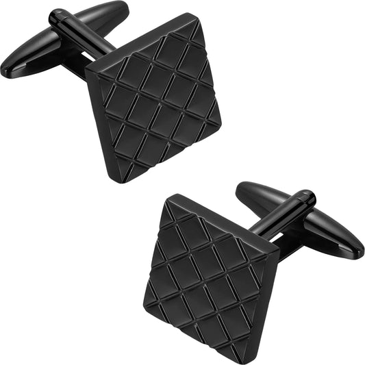 Detailed close-up of gunmetal black square cufflinks with precision quilted pattern