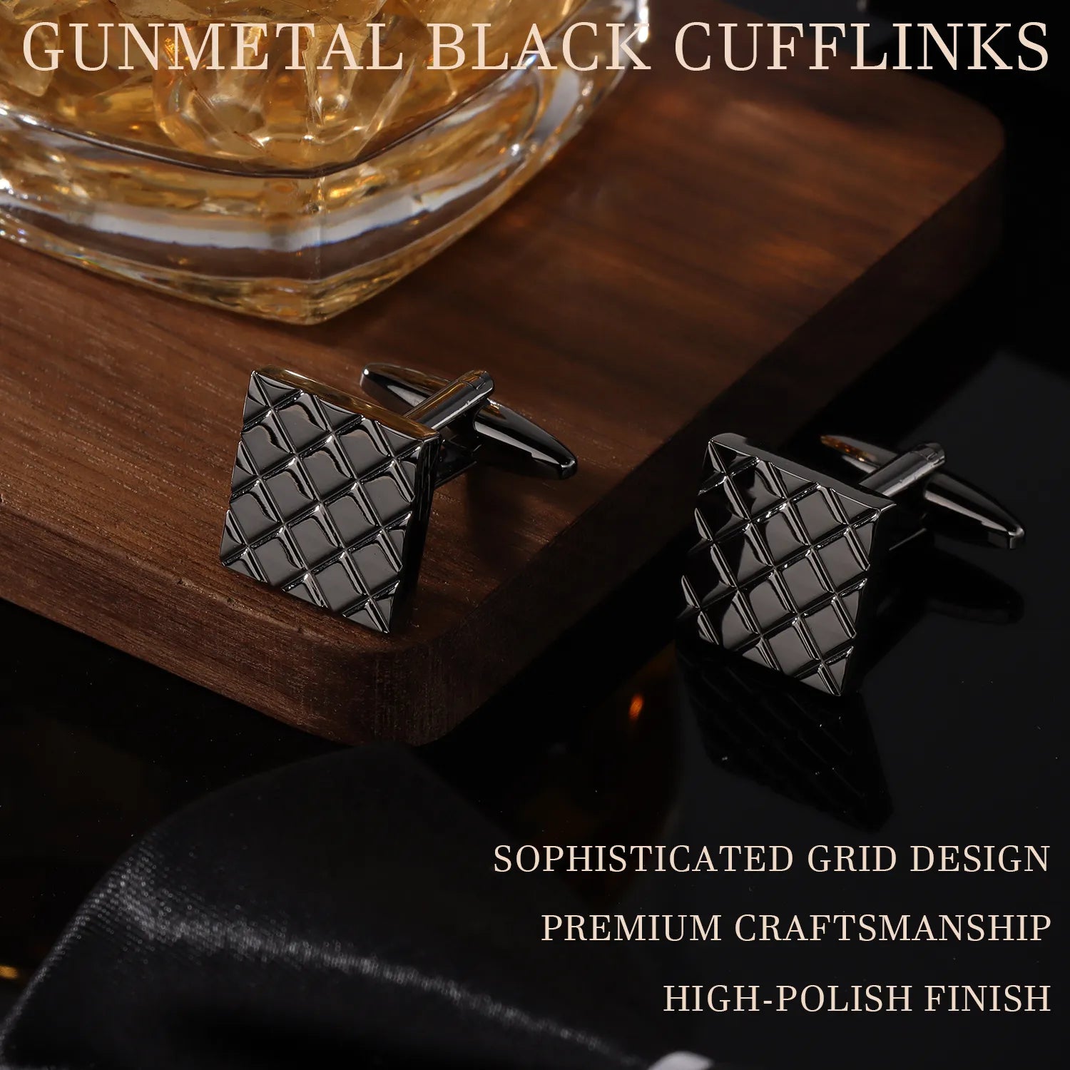 Pair of gunmetal black quilted cufflinks displayed on premium wooden stand