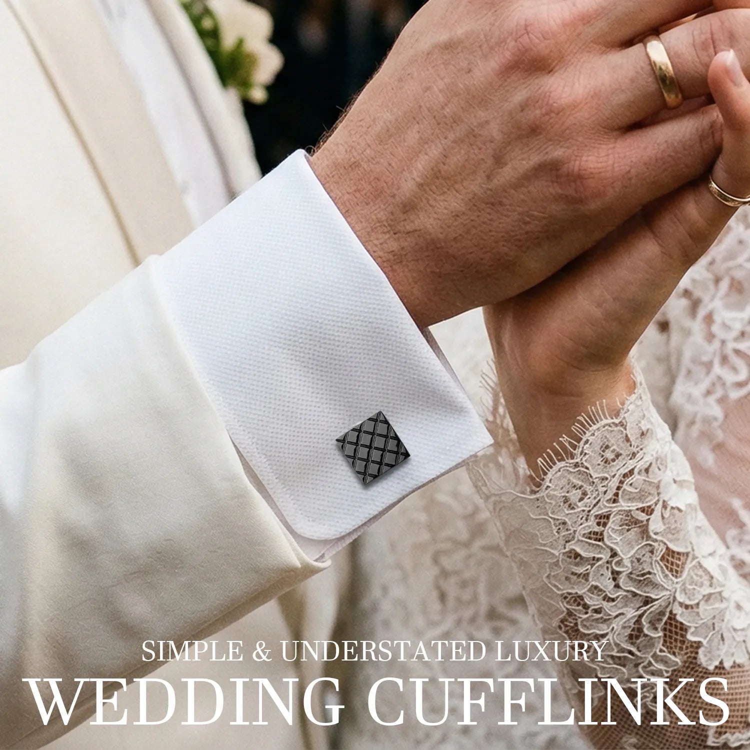 Close-up of gunmetal quilted cufflinks on white shirt sleeve at formal event