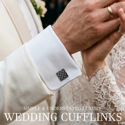 Close-up of gunmetal quilted cufflinks on white shirt sleeve at formal event