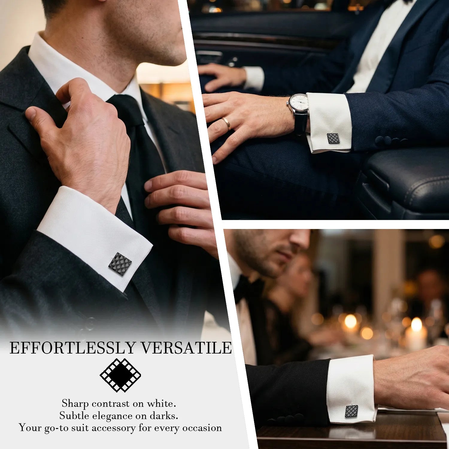 Versatile styling of gunmetal quilted cufflinks shown on white and dark shirt cuffs