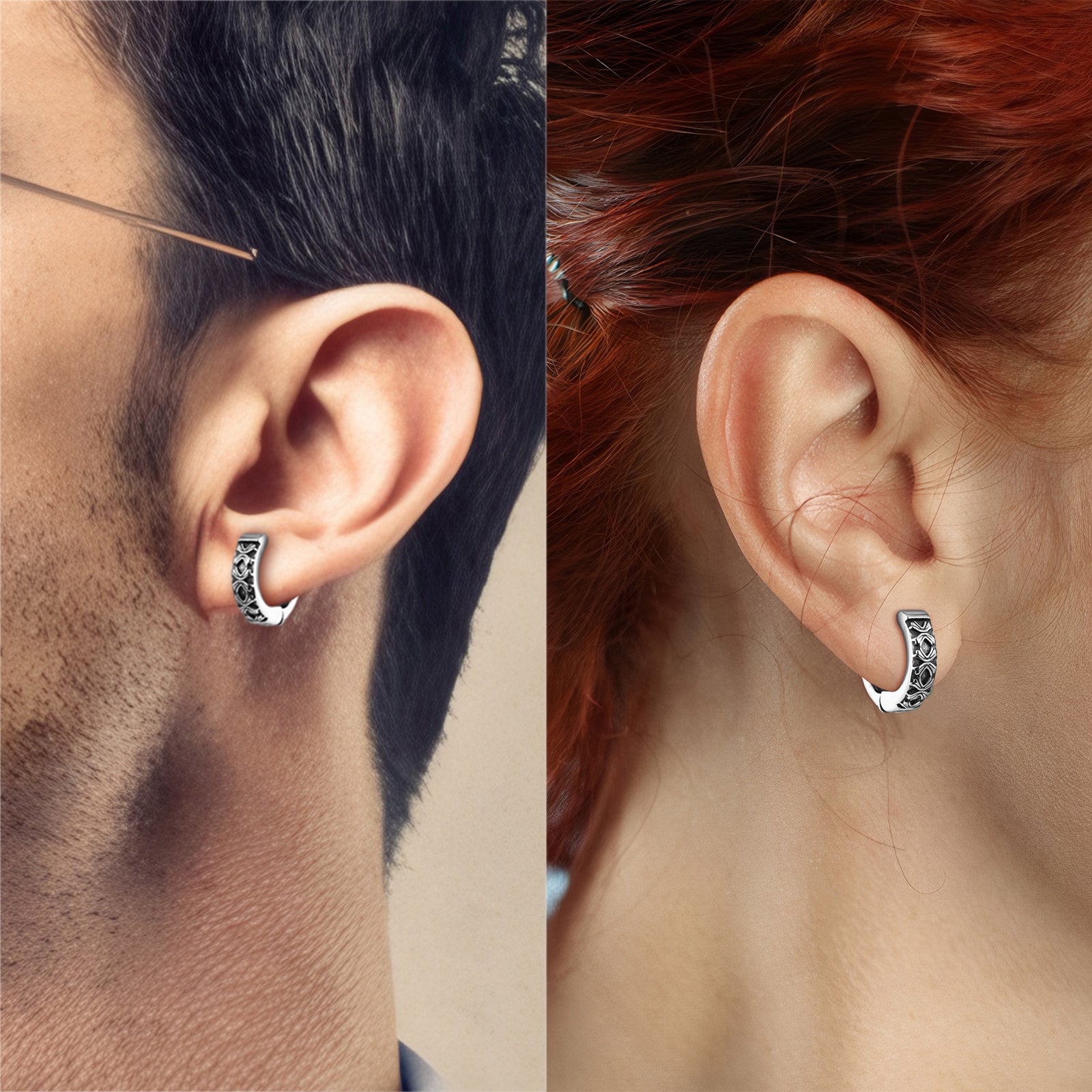 Man wearing HAWSON Gothic Twist Earrings