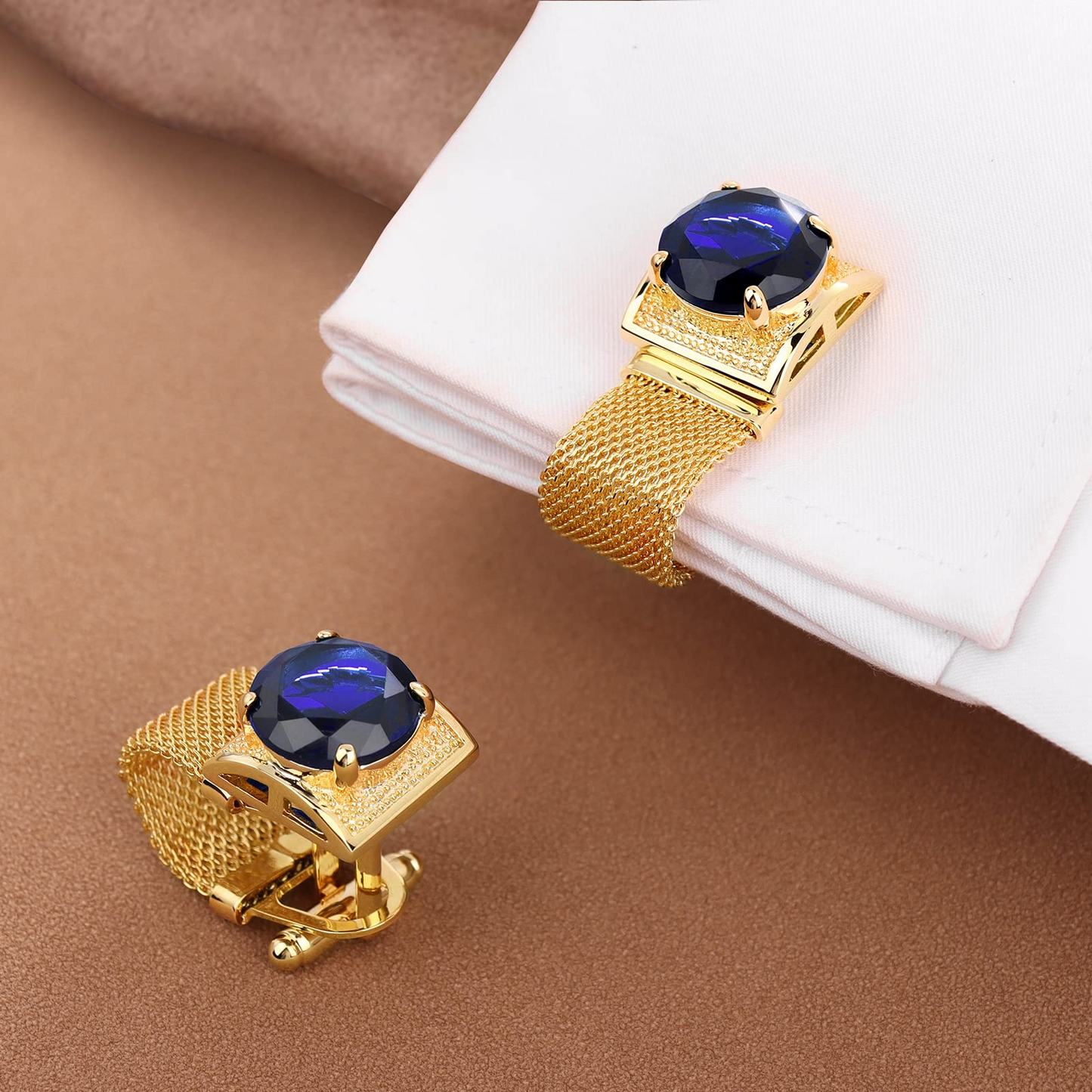 HAWSON Shiny Gold Tone Crystal Cufflinks with Chain