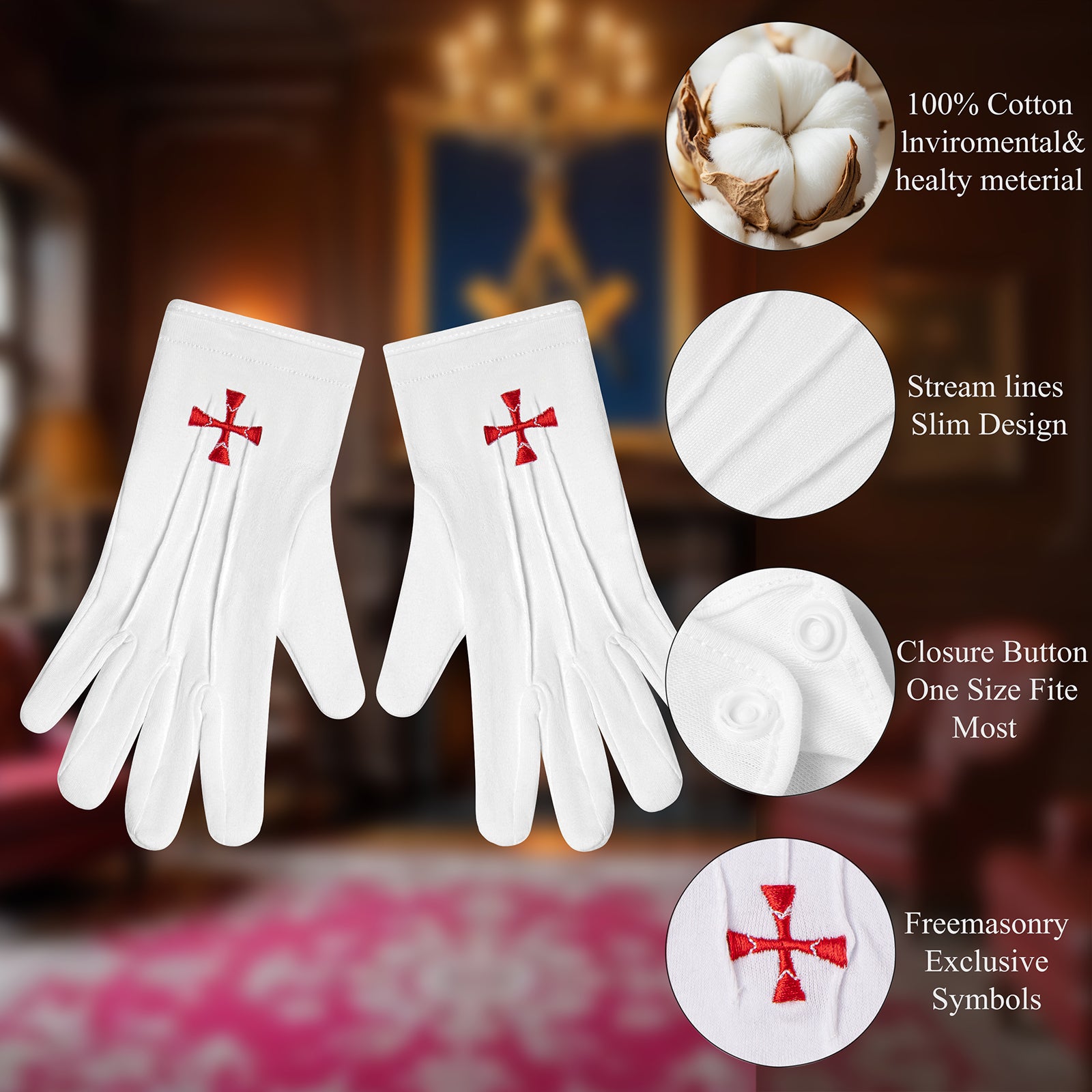 Close-Up of HAWSON Red Cross Embroidery on Cotton Masonic Ritual Gloves