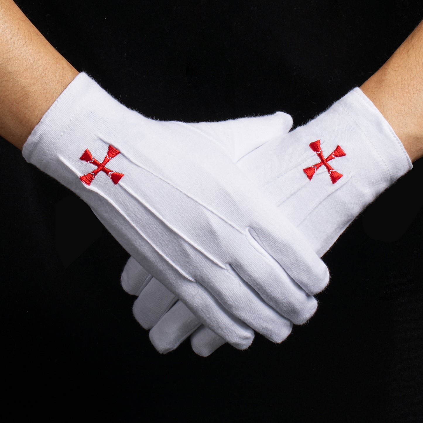 Masonic Officer Wearing HAWSON Red Cross Gloves with Traditional Templar Regalia