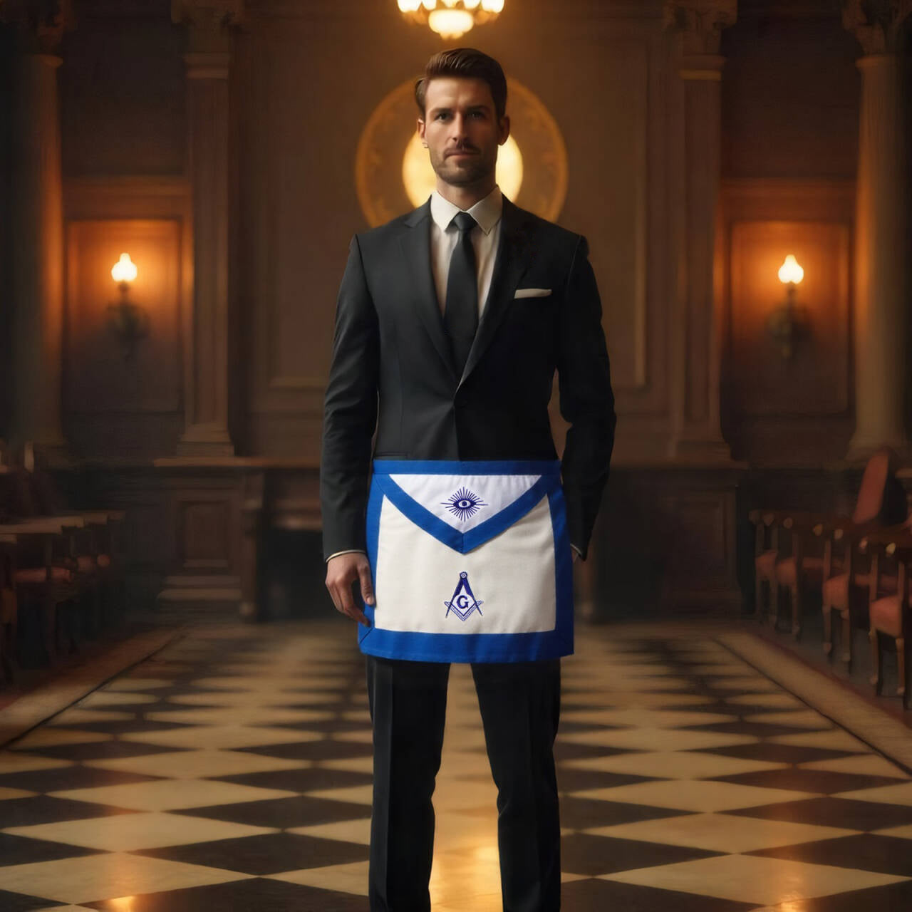 Blue Lodge Member Wearing HAWSON Lambskin Apron with Formal Attire During Masonic Ritual Proceedings