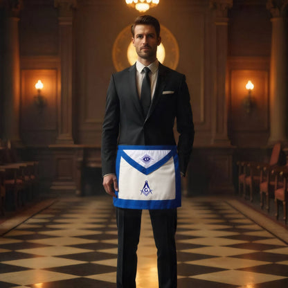 Blue Lodge Member Wearing HAWSON Lambskin Apron with Formal Attire During Masonic Ritual Proceedings