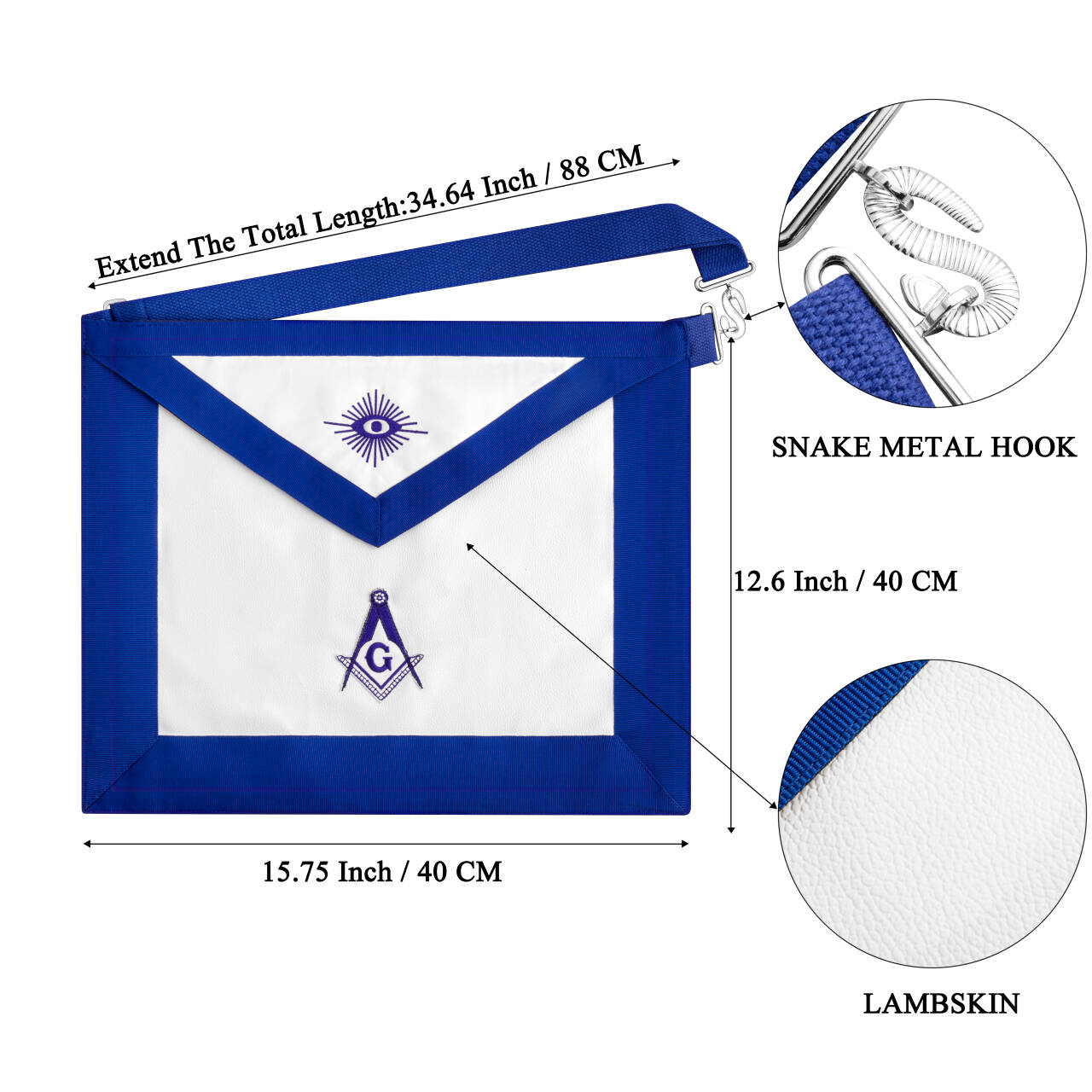 HAWSON Masonic Apron Measurement Guide Showing Lambskin Texture and Symbol Embroidery Patterns