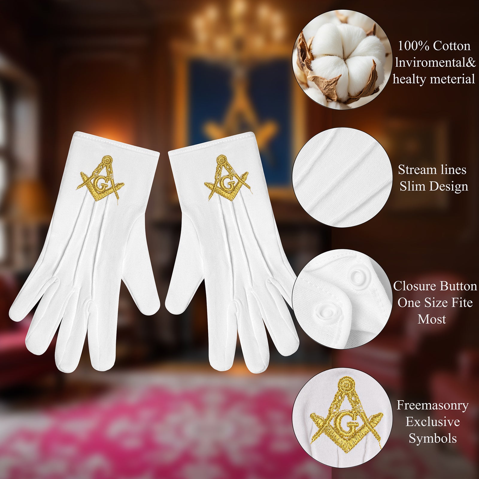 Close-Up of HAWSON Gold Embroidery and Cotton Stitching on Masonic Ritual Gloves