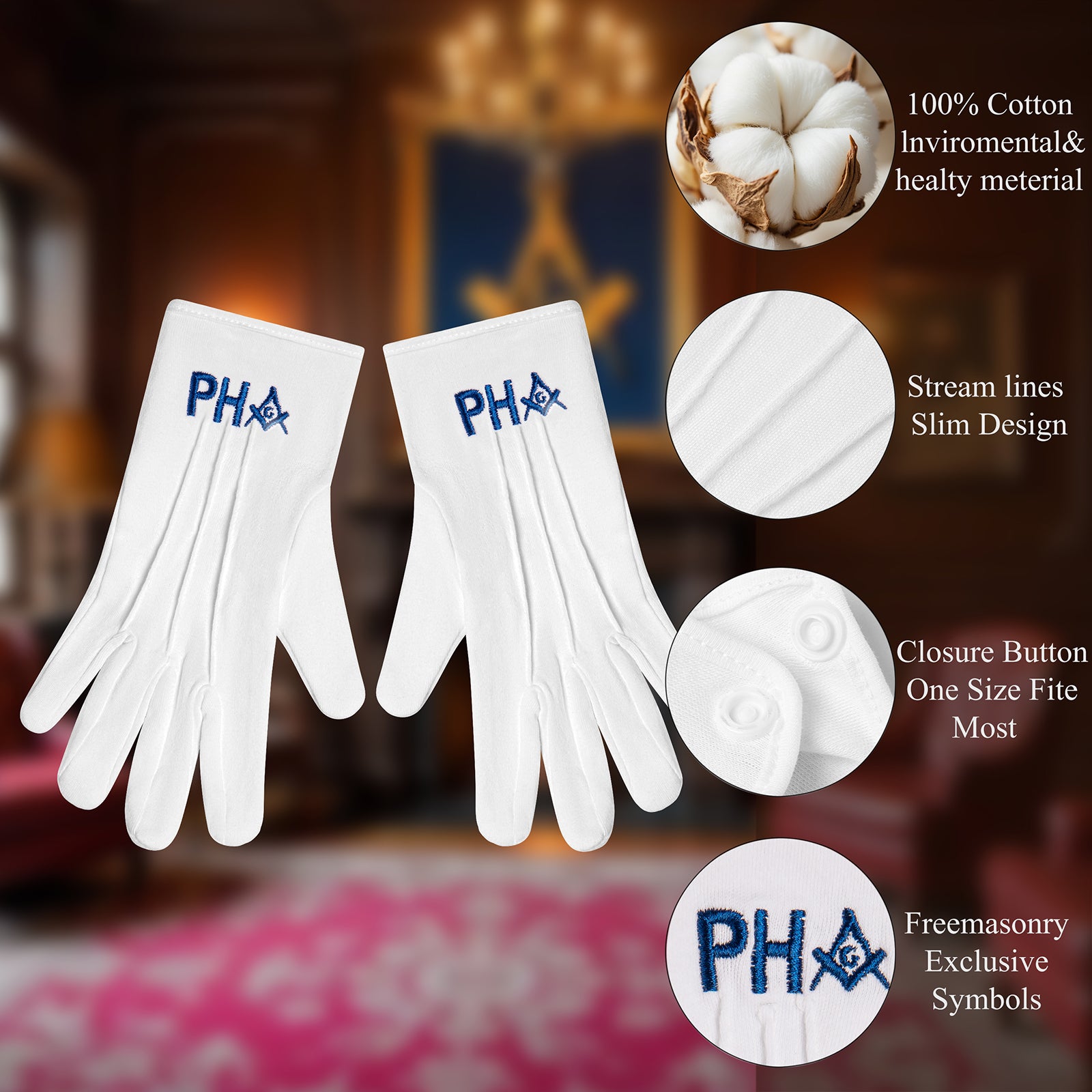 Close-Up of HAWSON Masonic PHA Gloves Embroidery - Blue Square Compass & G Symbol on Cotton Fabric