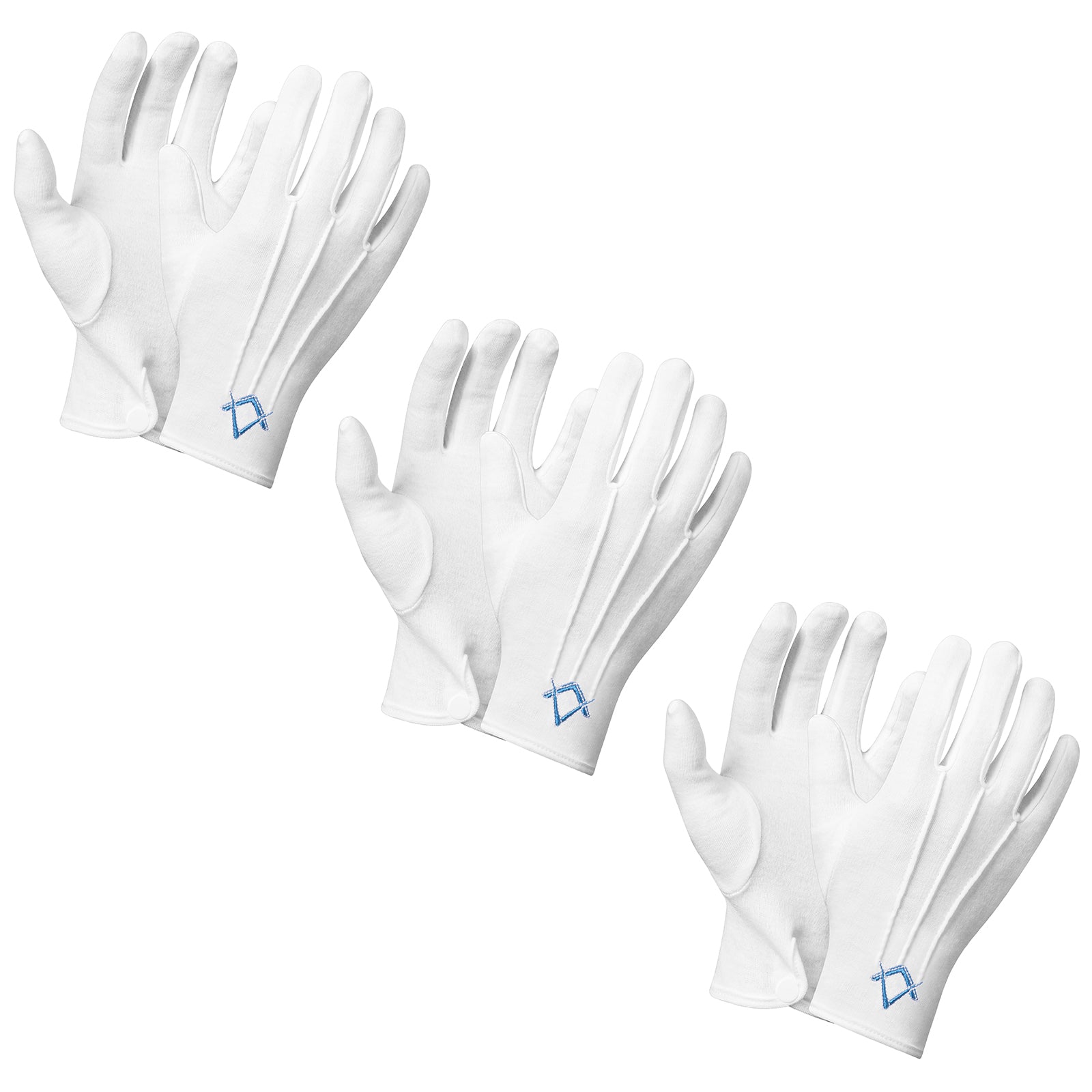 HAWSON White Cotton Masonic Gloves with Embroidered Blue Square and Compass Design for Freemason Ceremonies and Lodge Events