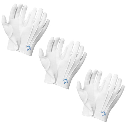 HAWSON White Cotton Masonic Gloves with Embroidered Blue Square and Compass Design for Freemason Ceremonies and Lodge Events
