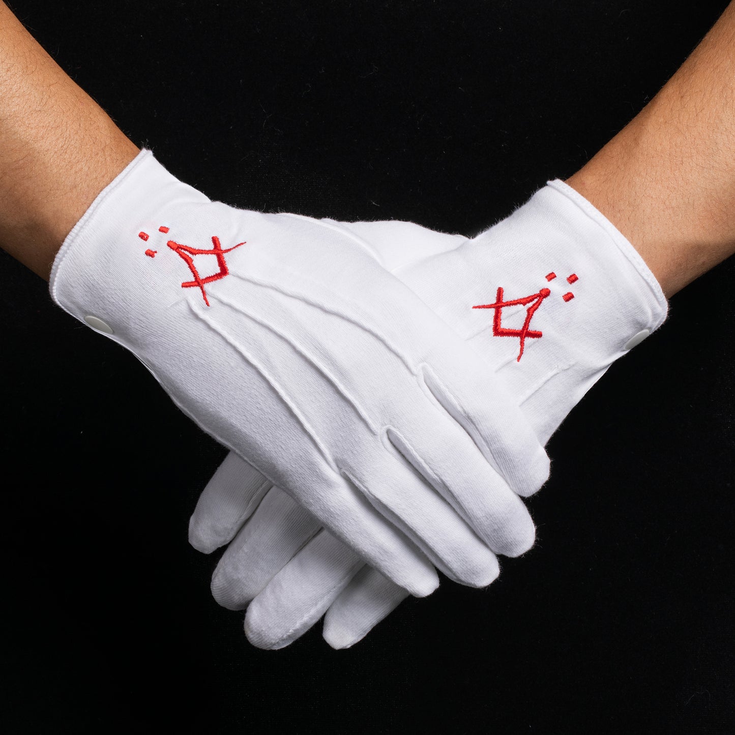 Freemason Officer Wearing HAWSON Three Dots Embroidered Gloves in Traditional Ritual Attire