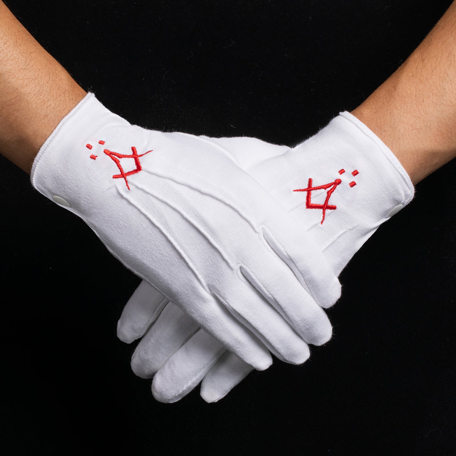 Freemason Officer Wearing HAWSON Three Dots Embroidered Gloves in Traditional Ritual Attire