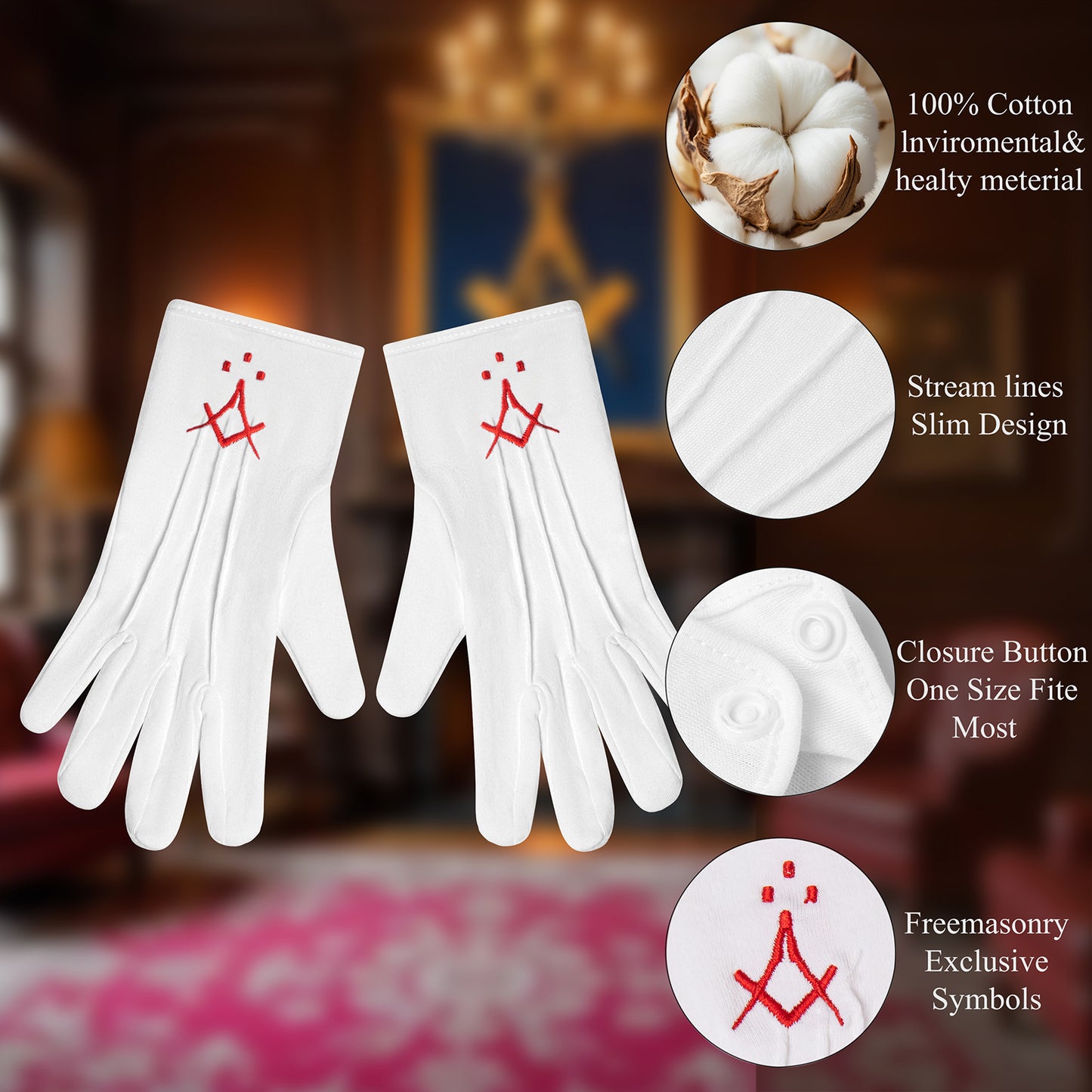 Close-Up of HAWSON Three Dots and Square Compass Embroidery on Cotton Ritual Gloves