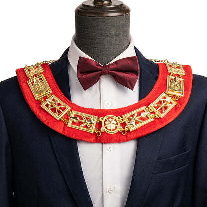 HAWSON Masonic Collar front view on formal suit, showcasing red velvet center and gold chain accents – ideal for Shriners ceremonies or vintage-inspired occasions.