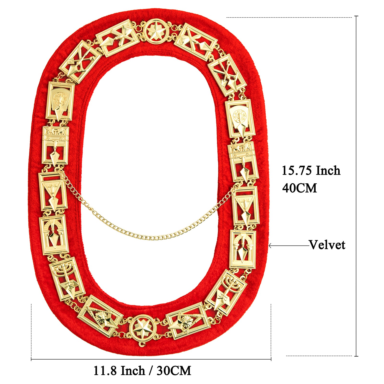 Detailed size chart for HAWSON Masonic Regalia Collar (15.75x11.8 inches) – red velvet panel dimensions and gold chain placement guide for precise ceremonial wear.