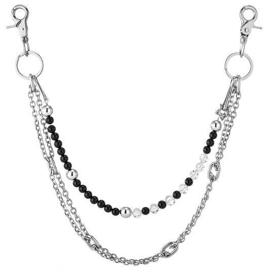 HAWSON Multi-layer Beaded Chain with black stones - Retro motorcycle wallet chain for leather pants & biker outfits