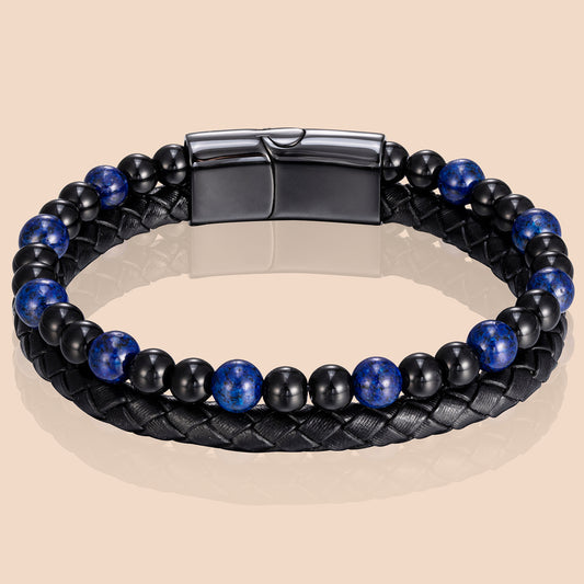 HAWSON multi-layer leather cuff bracelet with natural stone beads - 28.6g men's rugged wristband for professional style