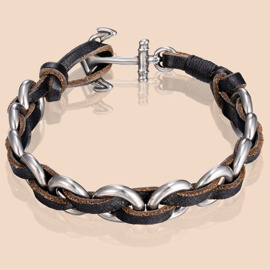 HAWSON's punk oval braided leather bracelet featuring stainless steel links for an edgy alternative look