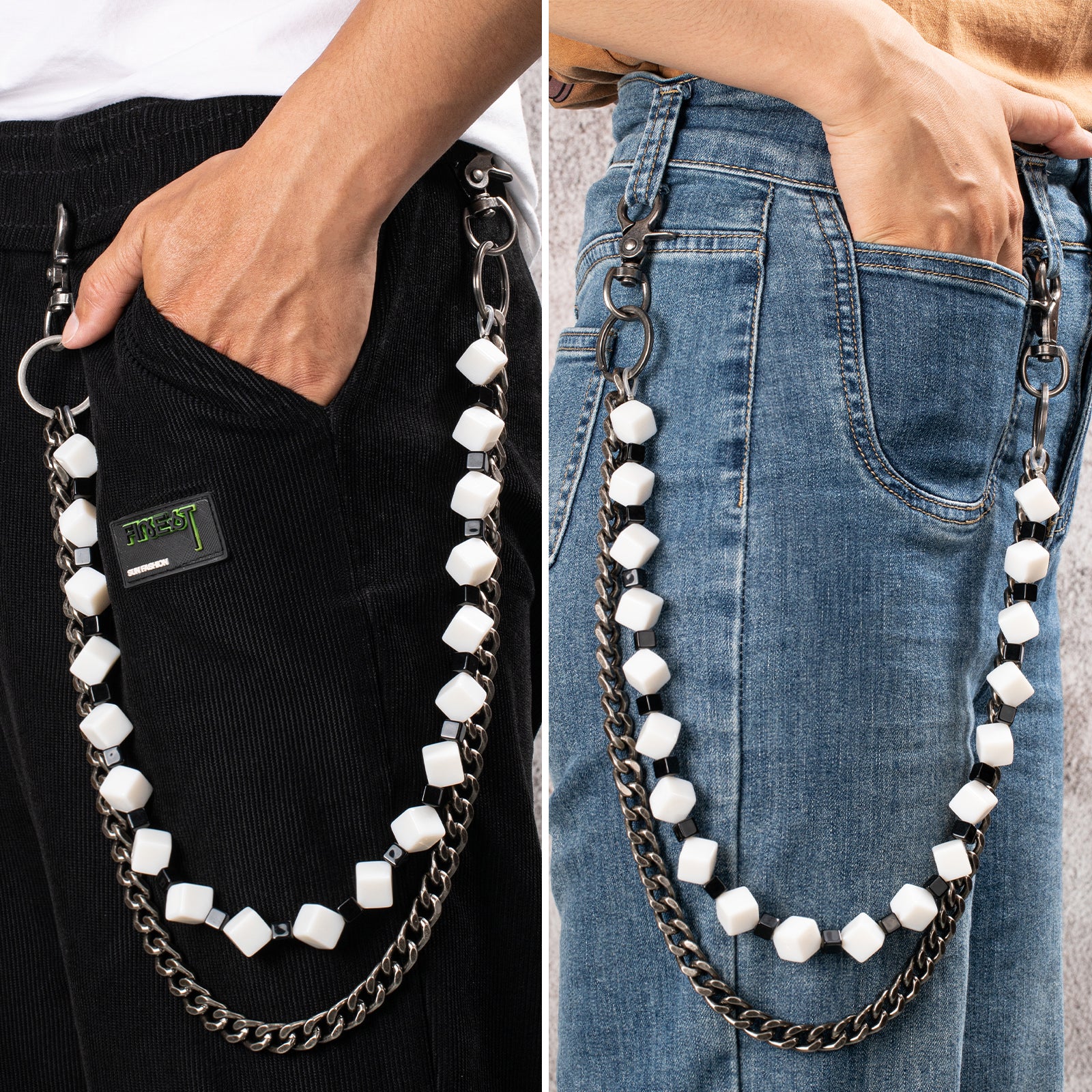 Model is wearing a HAWSON multi-layer punk wallet chain