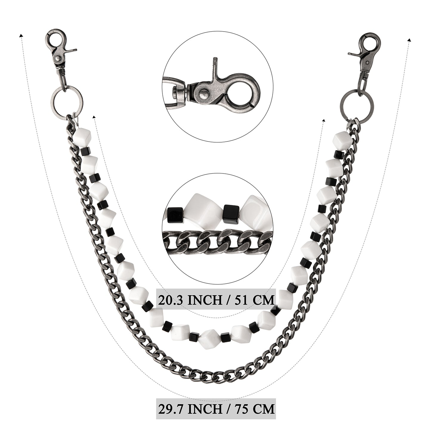 HAWSON Punk Chain sizing guide showing 29.7in/75cm length and clasp details