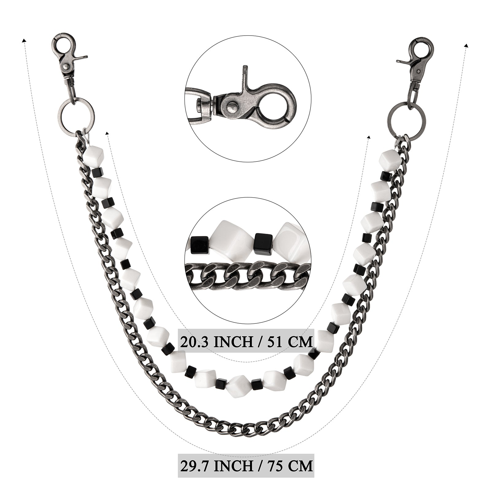 HAWSON Punk Chain sizing guide showing 29.7in/75cm length and clasp details