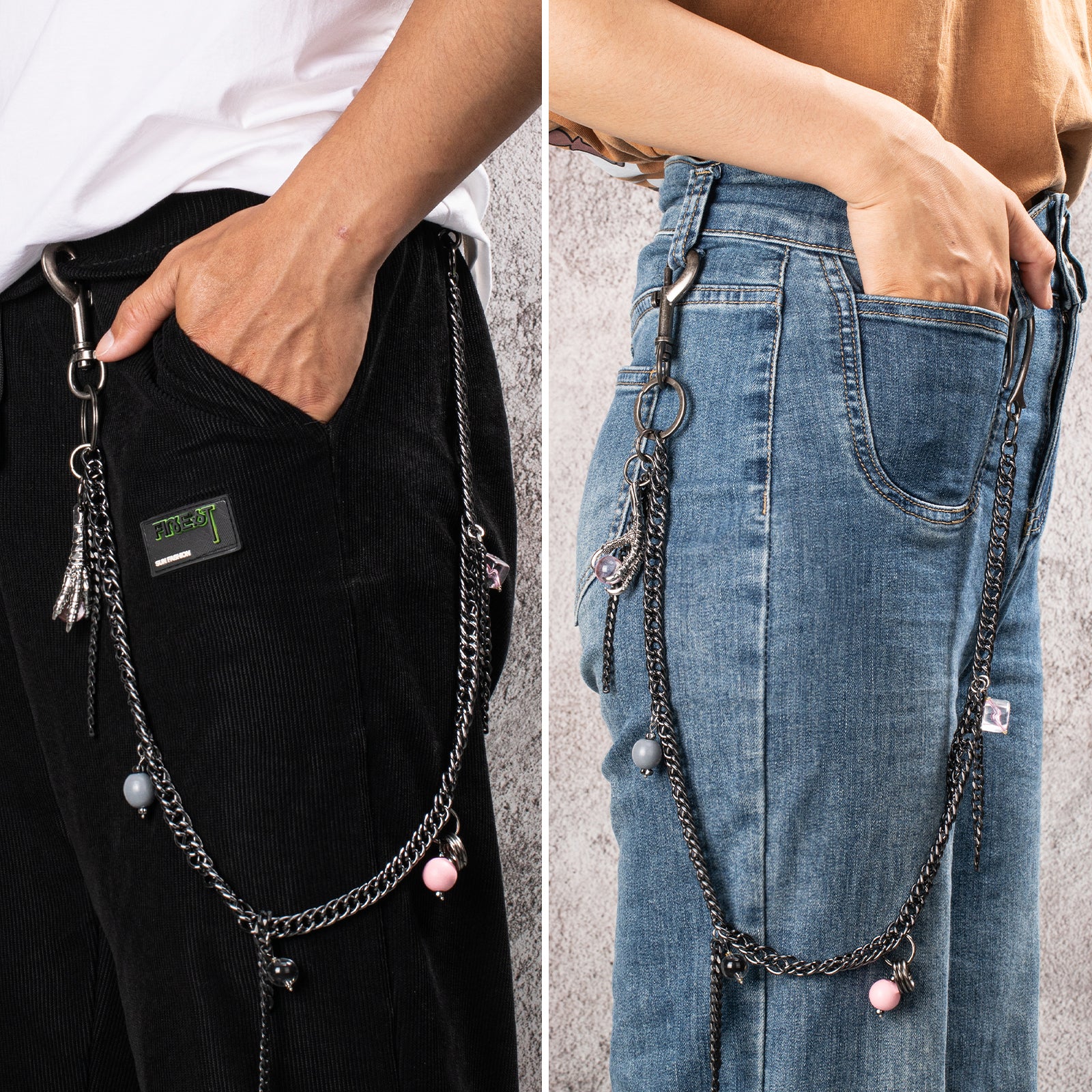 Model wearing HAWSON's gothic chain with jeans