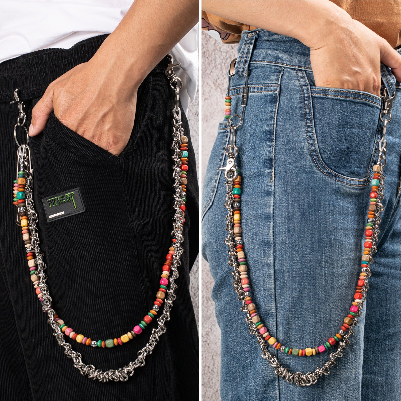 Model wears HAWSON's colorful chain with jeans