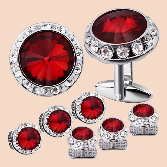 A set of red crystal cufflinks and studs for men, with a luxury gift box. The cufflinks have a shiny surface and are adorned with red crystals, while the studs are designed to be worn on shirts.