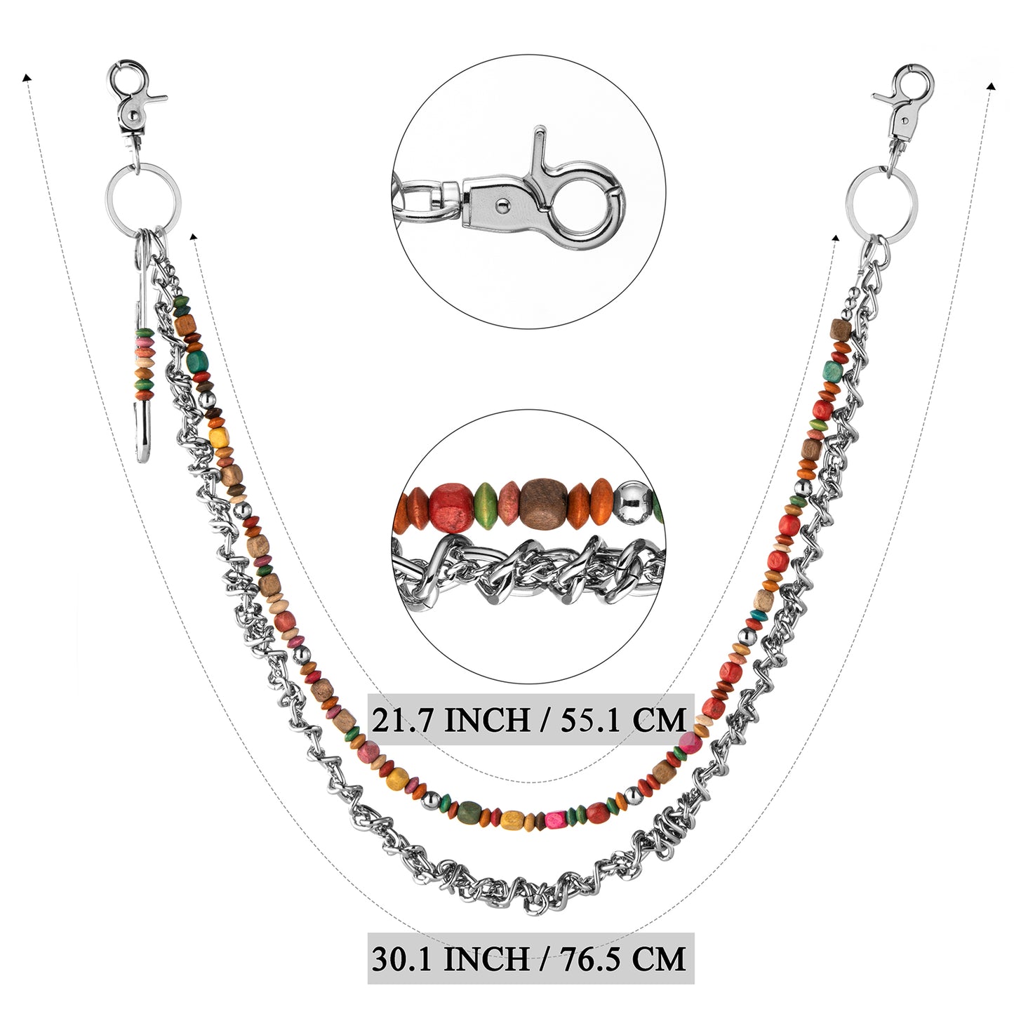 HAWSON Beaded Chain Size Guide - 30.1 inches and 20.7 inches long with Lobster Clasp Detail