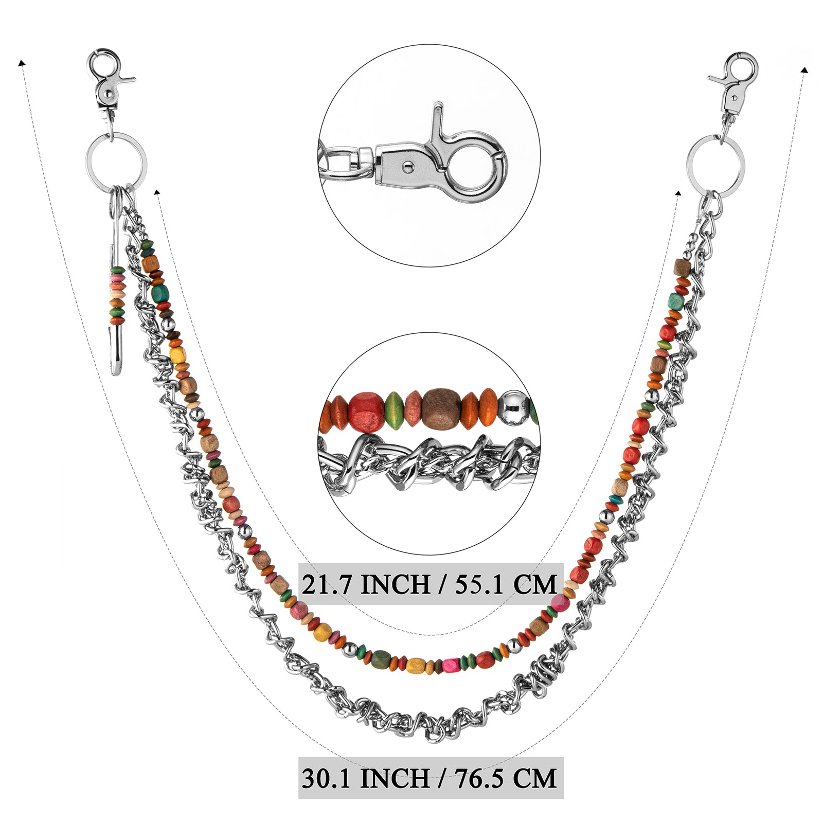 HAWSON Beaded Chain Size Guide - 30.1 inches and 20.7 inches long with Lobster Clasp Detail