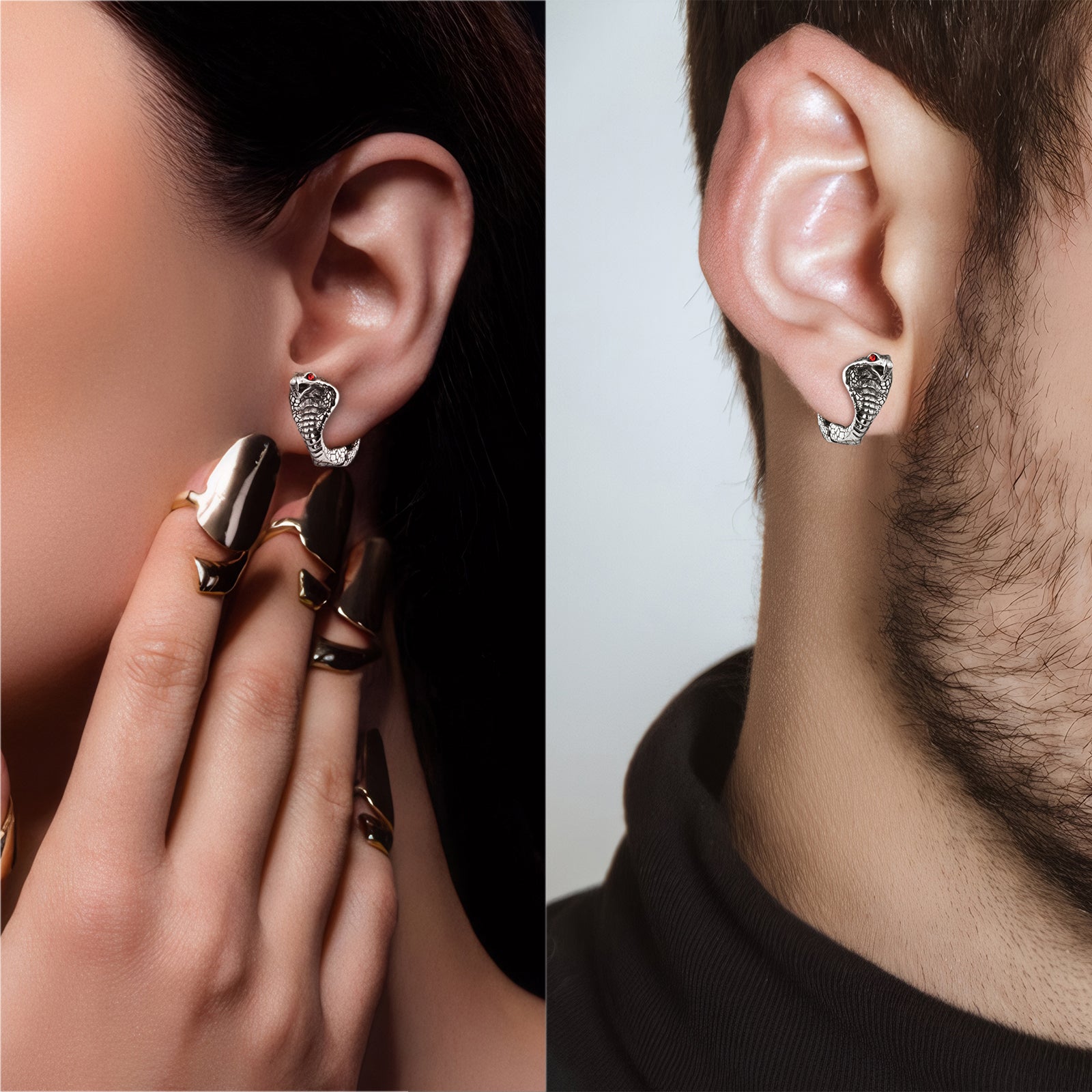 Man wearing HAWSON Silver Rock Snake Ear Loop Ear Clips
