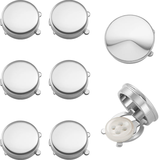 Set of 8 polished silver tone brass button covers including 6 small and 2 large tuxedo shirt button alternatives.