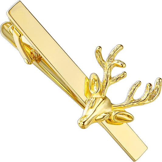 Close-up of a single 2.2-inch polished brass gold deer head tie bar against a white background.