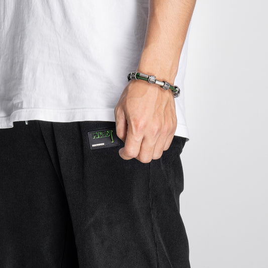 Edgy model wearing HAWSON’s skull bracelet