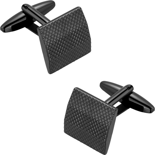 Detailed close-up of square gunmetal black grid cufflinks