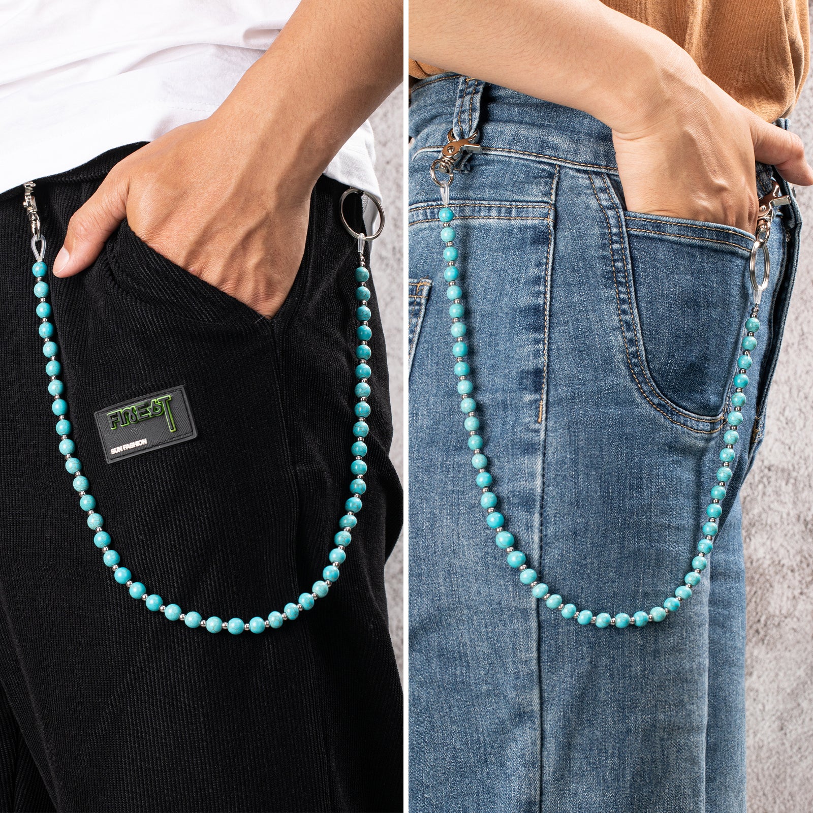 Model wears HAWSON's turquoise beaded necklace with jeans