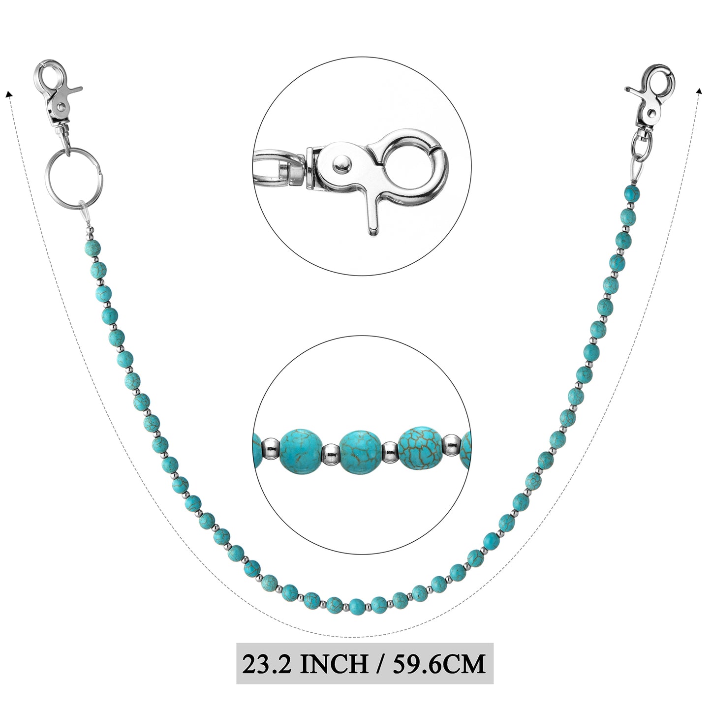 HAWSON 23.2-inch Turquoise Chain sizing diagram with lobster clasp details