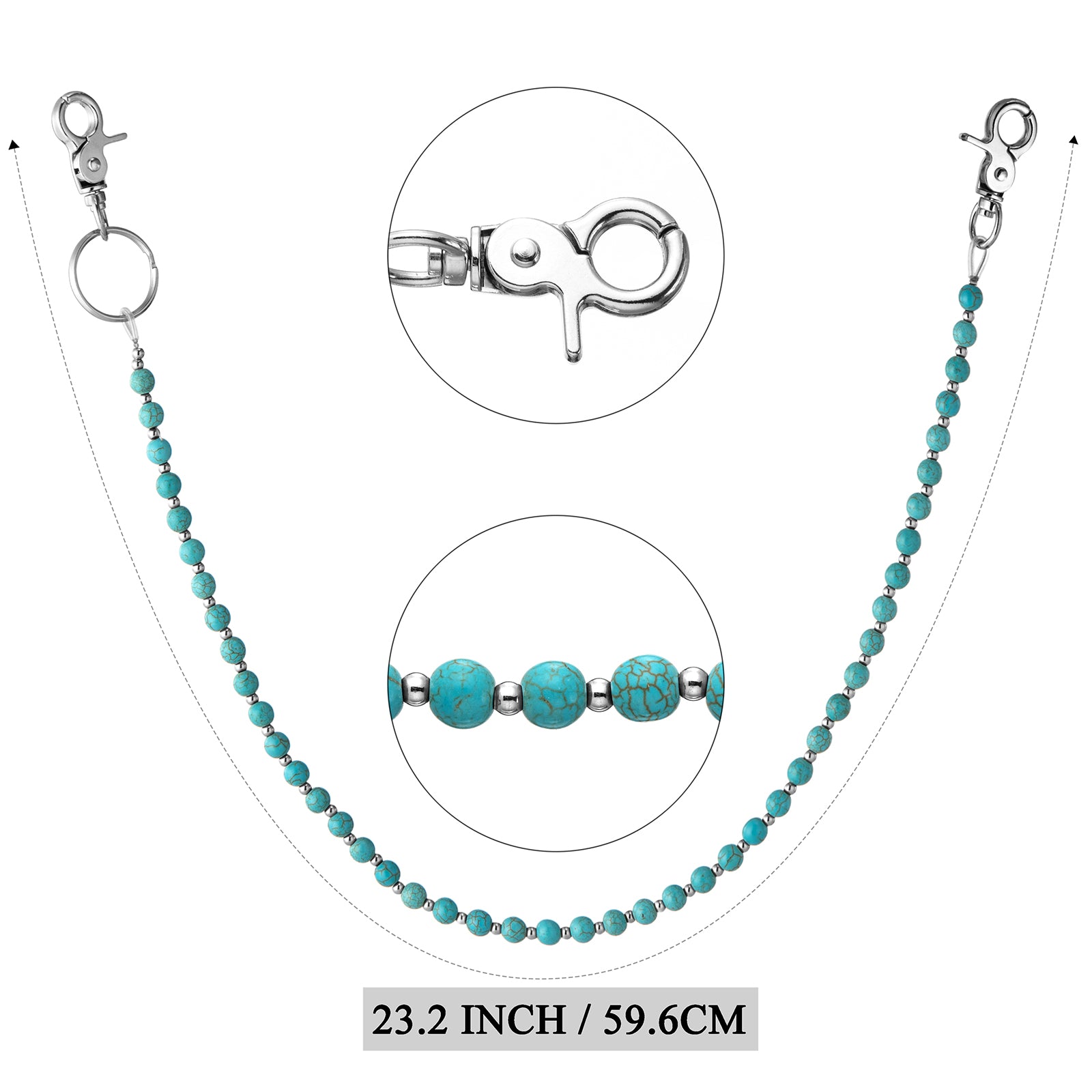 HAWSON 23.2-inch Turquoise Chain sizing diagram with lobster clasp details