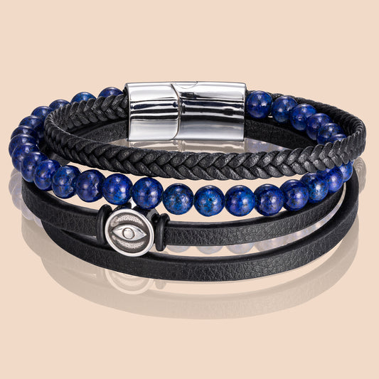 HAWSON vintage multi-layer leather bracelet with beaded accents - braided leather bangle for men with stainless steel clasp