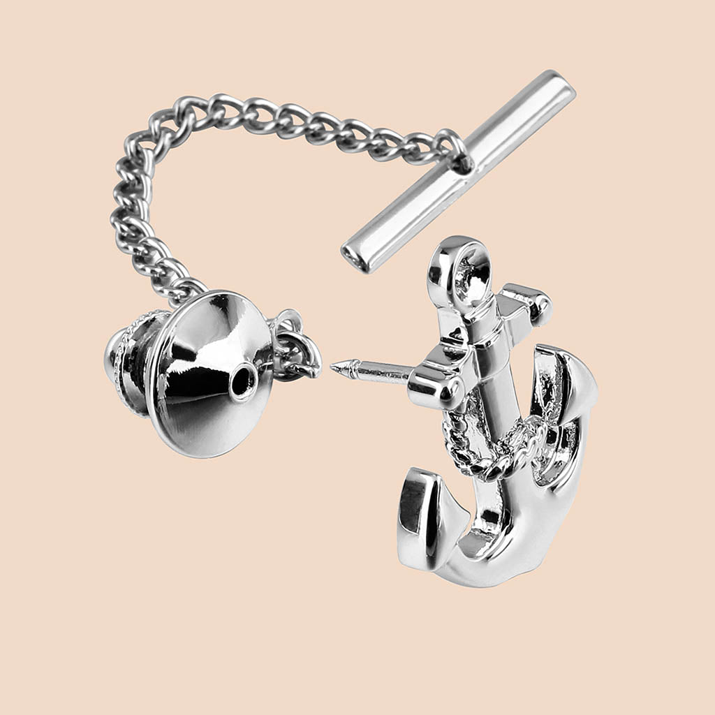 Men's Silver Anchor Tie Tack Pin with Chain Nautical Design Formal Business Wedding Party Shirt Accessory