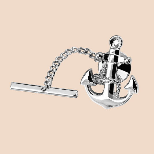 Silver Plated Anchor Tie Tack with Chain Nautical Themed Pin for Men Formal Business Wedding Tie Accessory
